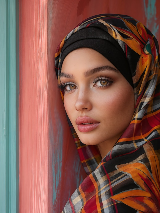 Striking Portrait of Woman with Multicolored Headscarf