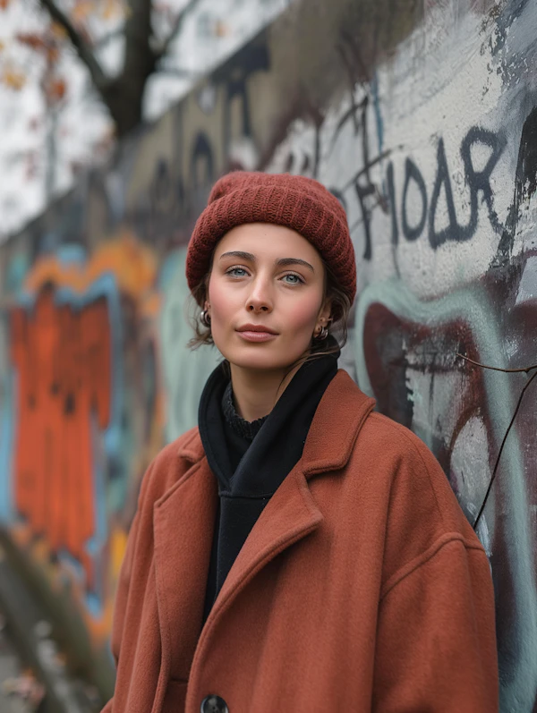 Portrait of young woman with urban background