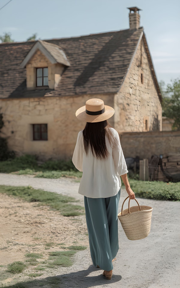 Woman Walking towards Rustic Cottage