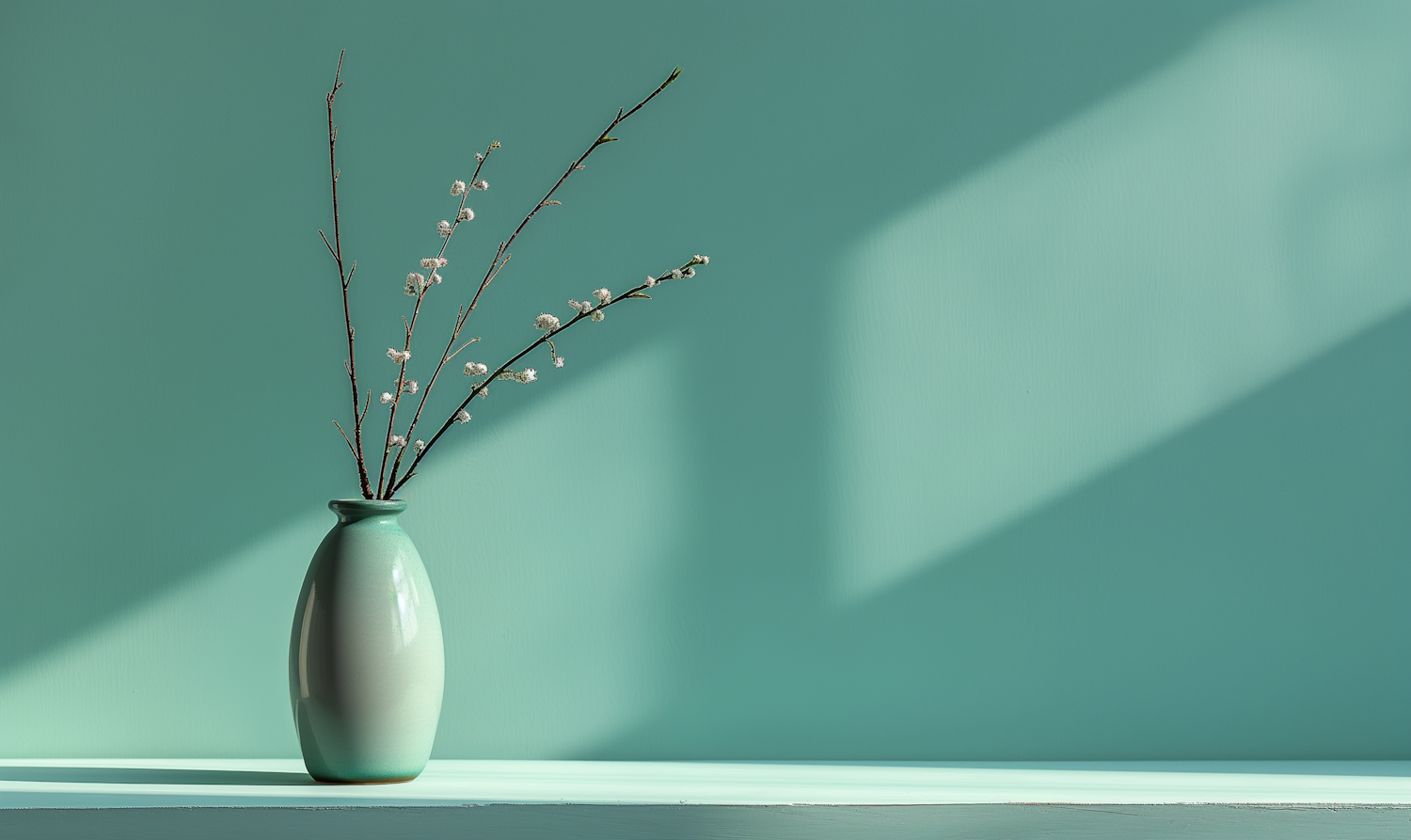 Serene Pussy Willows in Seafoam Green Vase