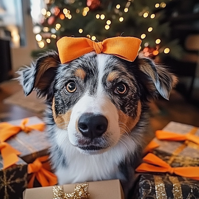 Festive Dog with Orange Bow