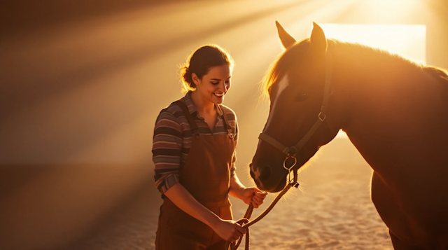 Woman with Horse in Golden Sunlight