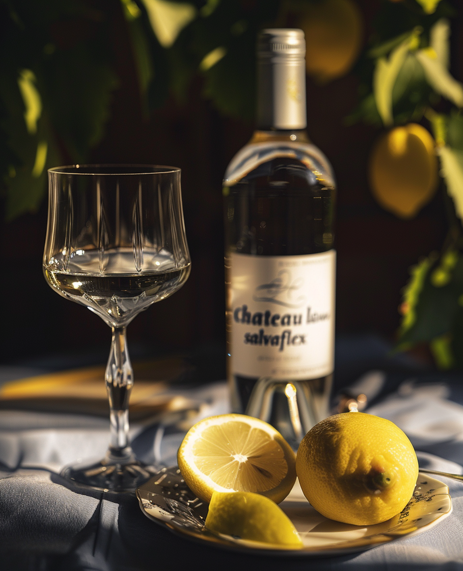 Elegant Tabletop Setting with Wine and Lemons