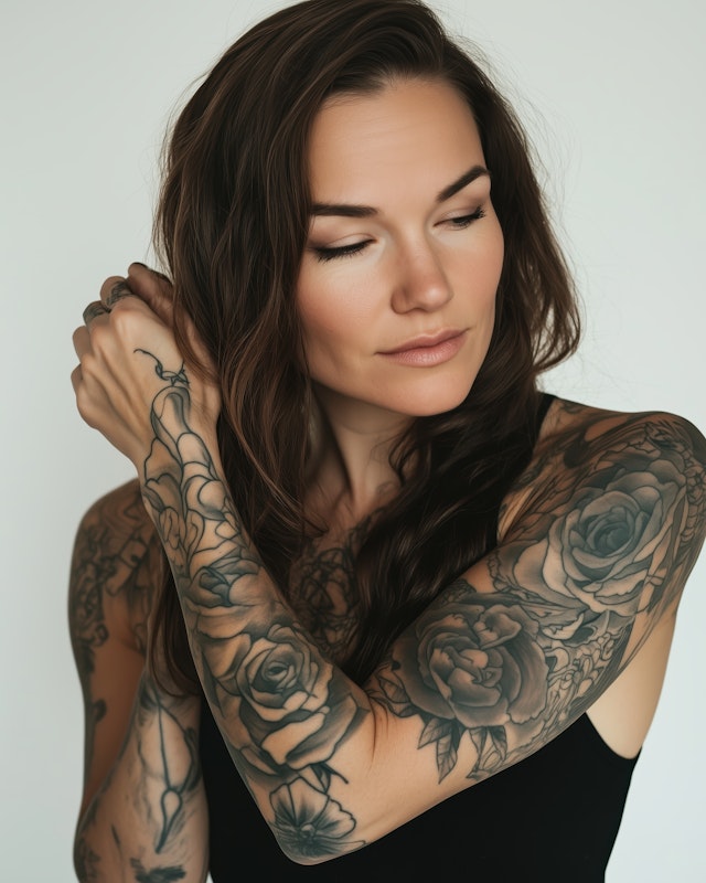 Serene Woman with Floral Tattoos