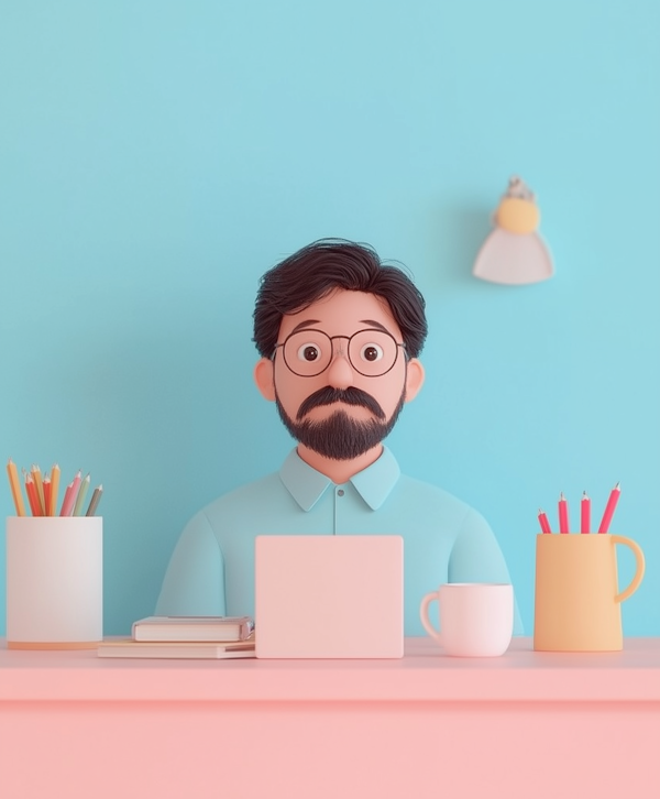 Scholarly Man at Pastel-Colored Desk