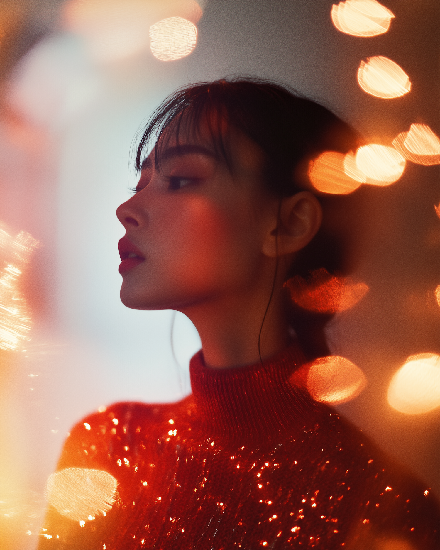 Profile of Woman in Shimmering Red Sweater