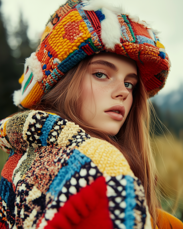 Contemplative Woman in Vibrant Knitwear