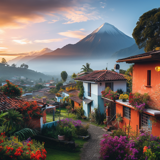 Village Dusk with Volcanic Majesty