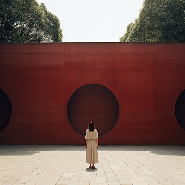 Symmetry in Solitude: The Red Wall and the Contemplative Woman