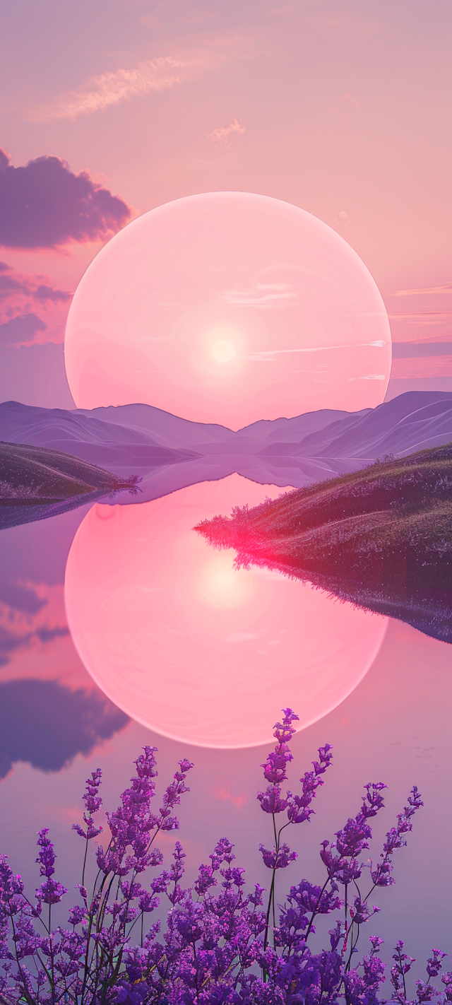 Surreal Landscape with Oversized Pink Sun