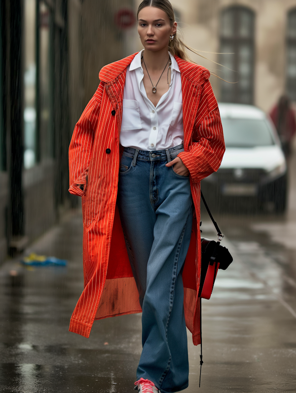 Contemplative Woman in Orange Trench Coat on Rainy Street