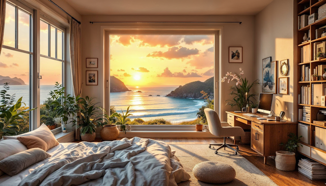 Serene Bedroom with Ocean Sunset View