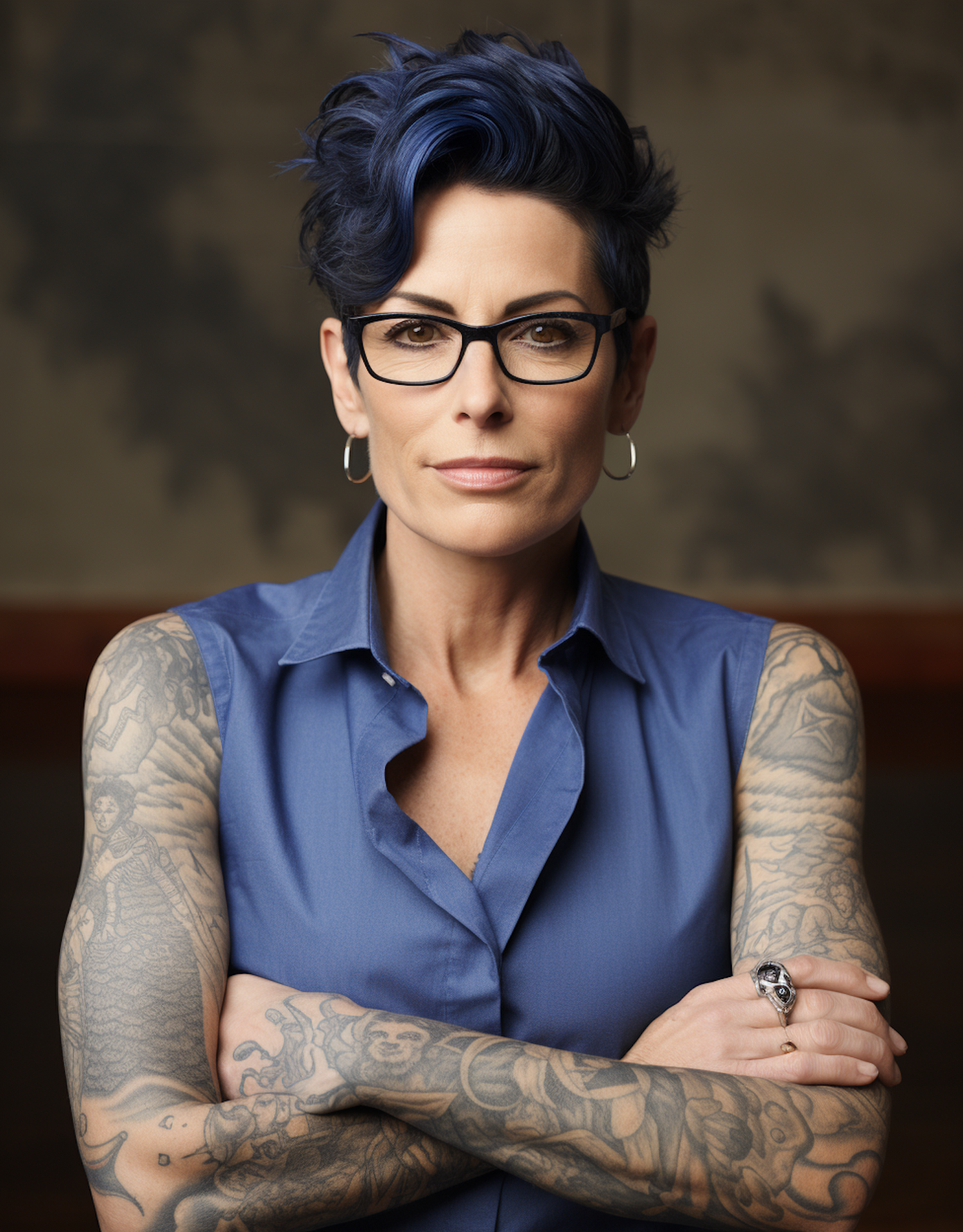 Blue Confidence: Portrait of a Tattooed Woman with Spiky Hair