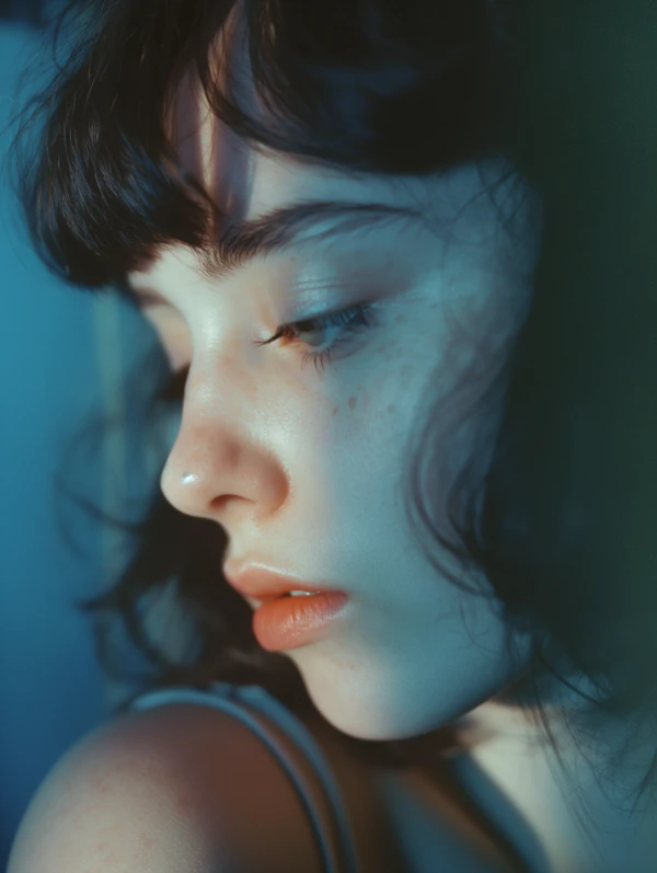 Contemplative Young Woman with Wavy Hair