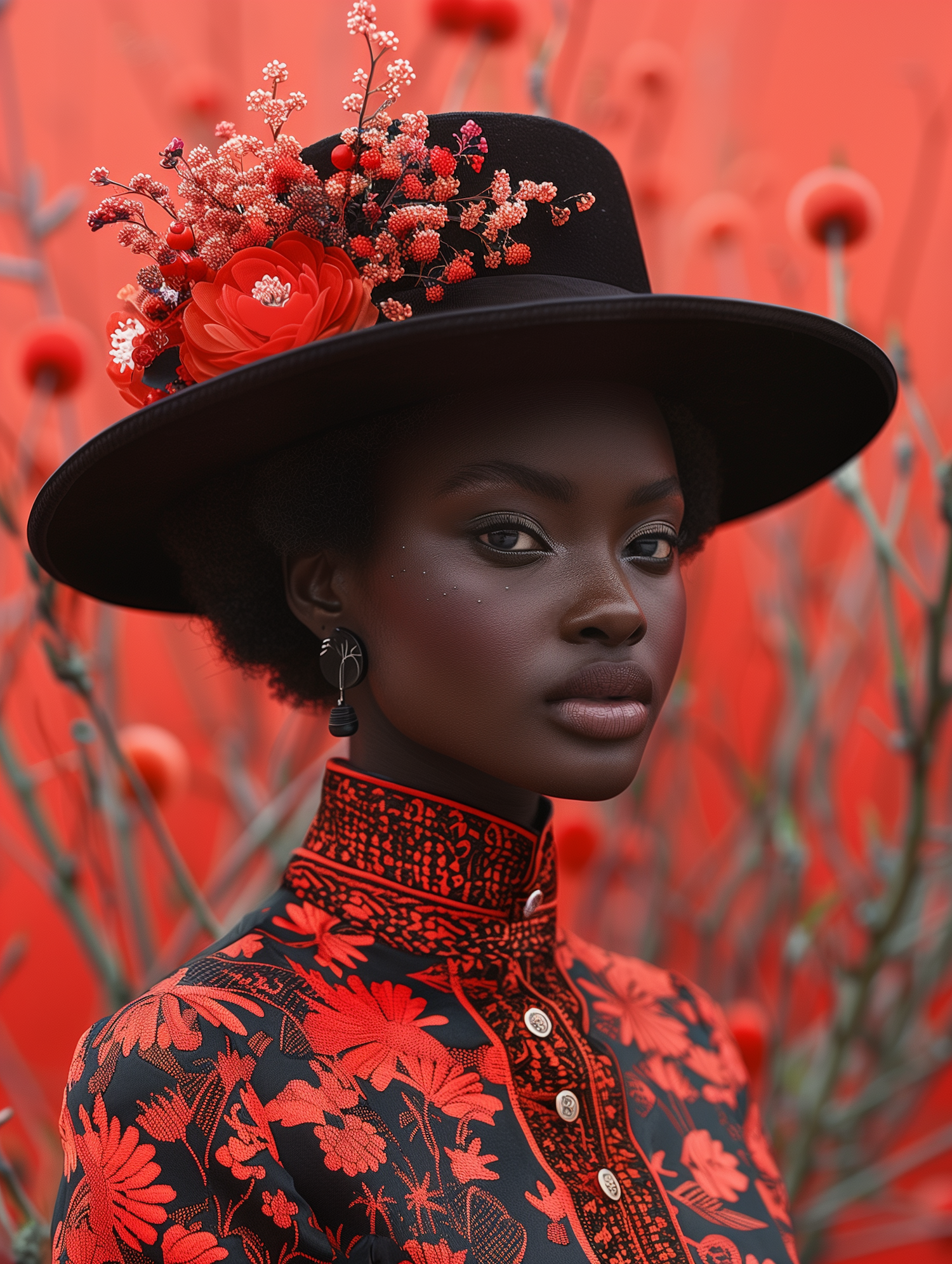 Elegant Black Woman in Floral Outfit