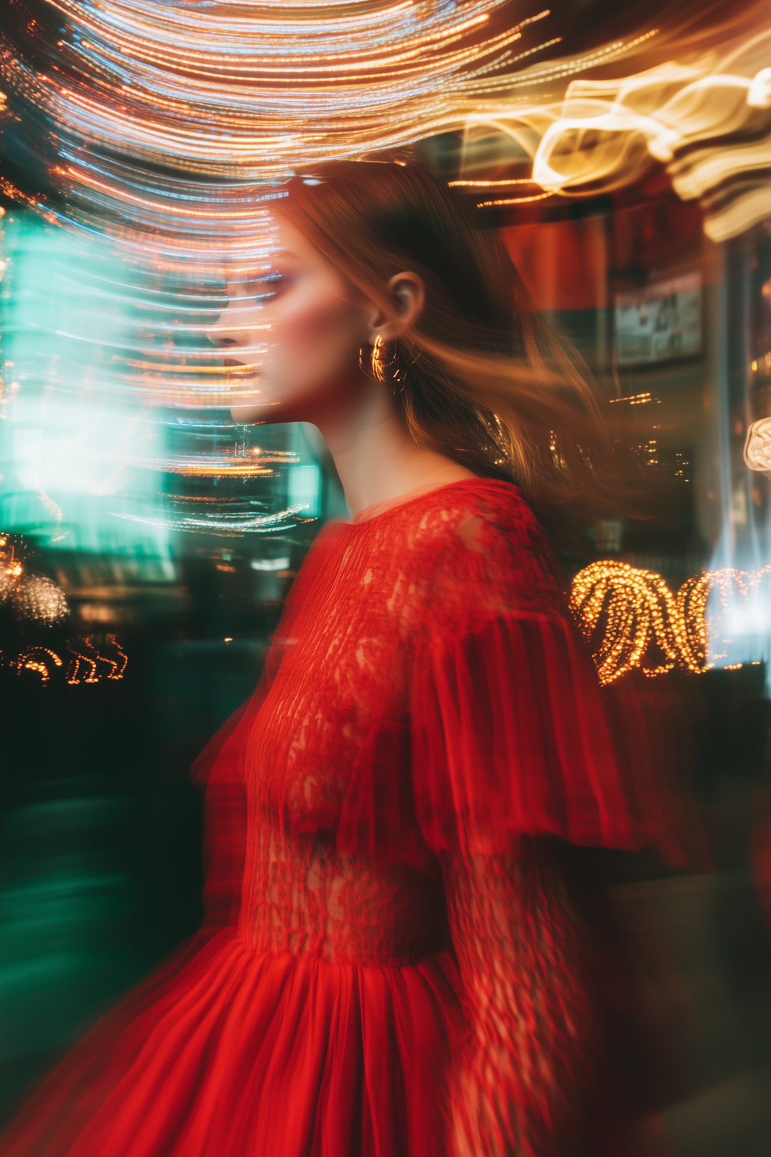 Woman in Motion with Red Dress