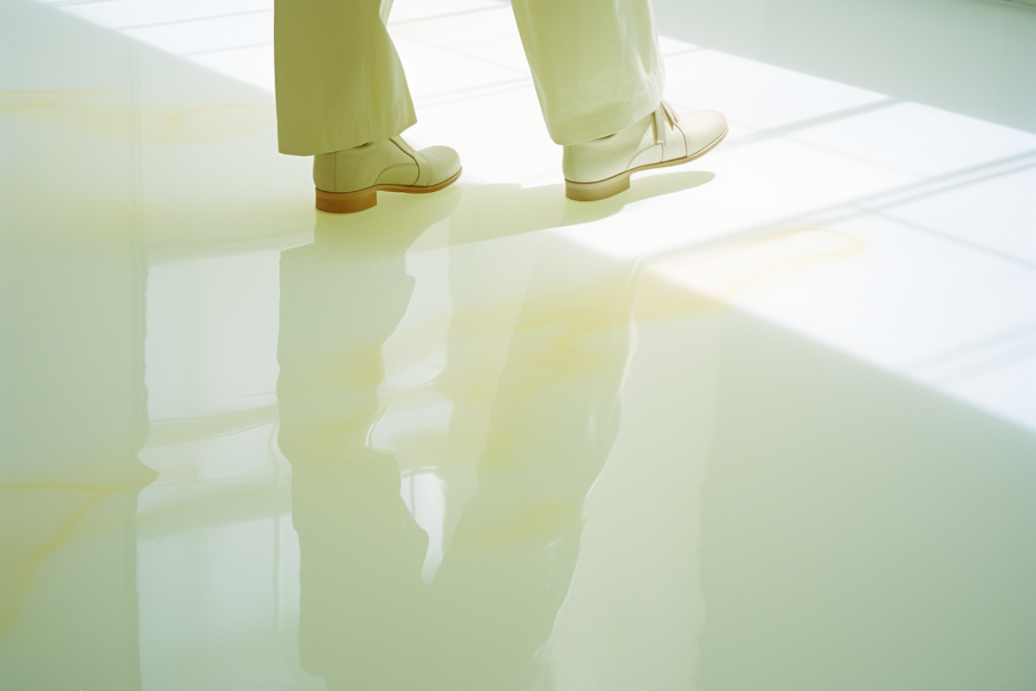 Reflections of Elegance: Beige Footwear on a Glossy Surface