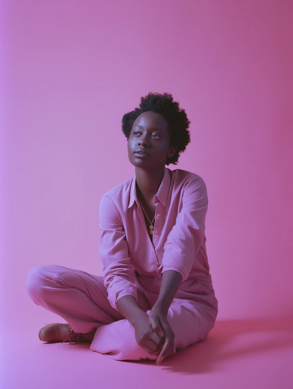Contemplative Portrait in Monochromatic Pink