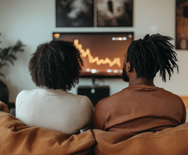 Couple Analyzing Financial Graphs on Screen