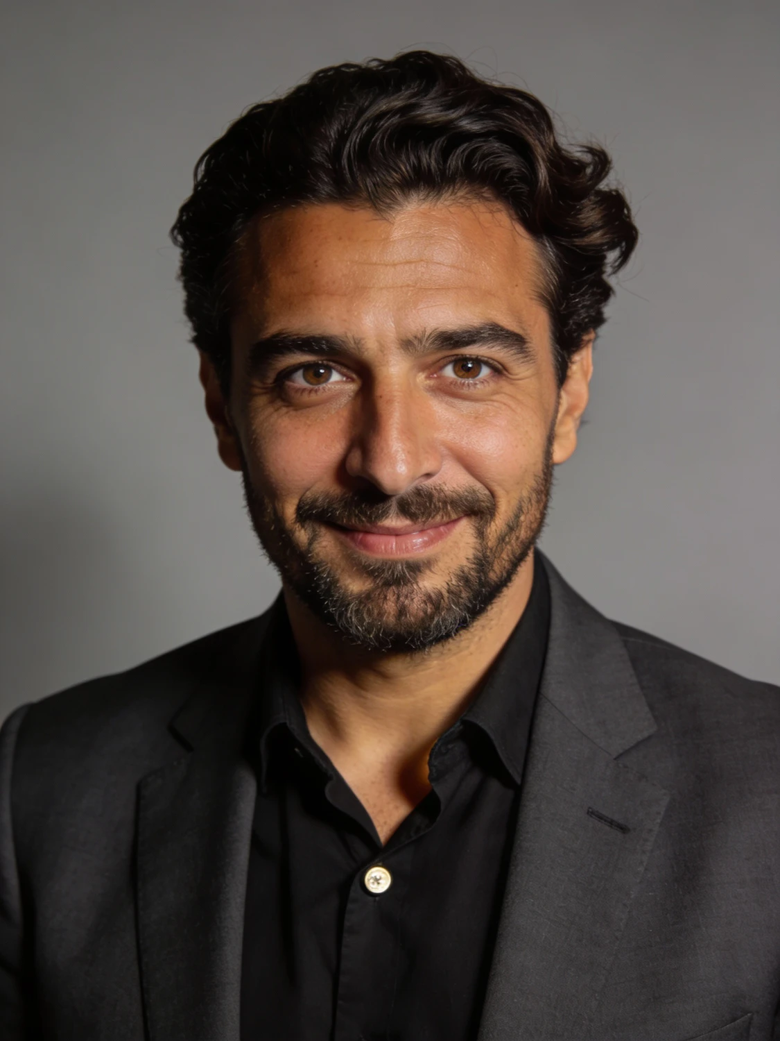 Smiling man with dark wavy hair and a neat beard wearing a dark suit