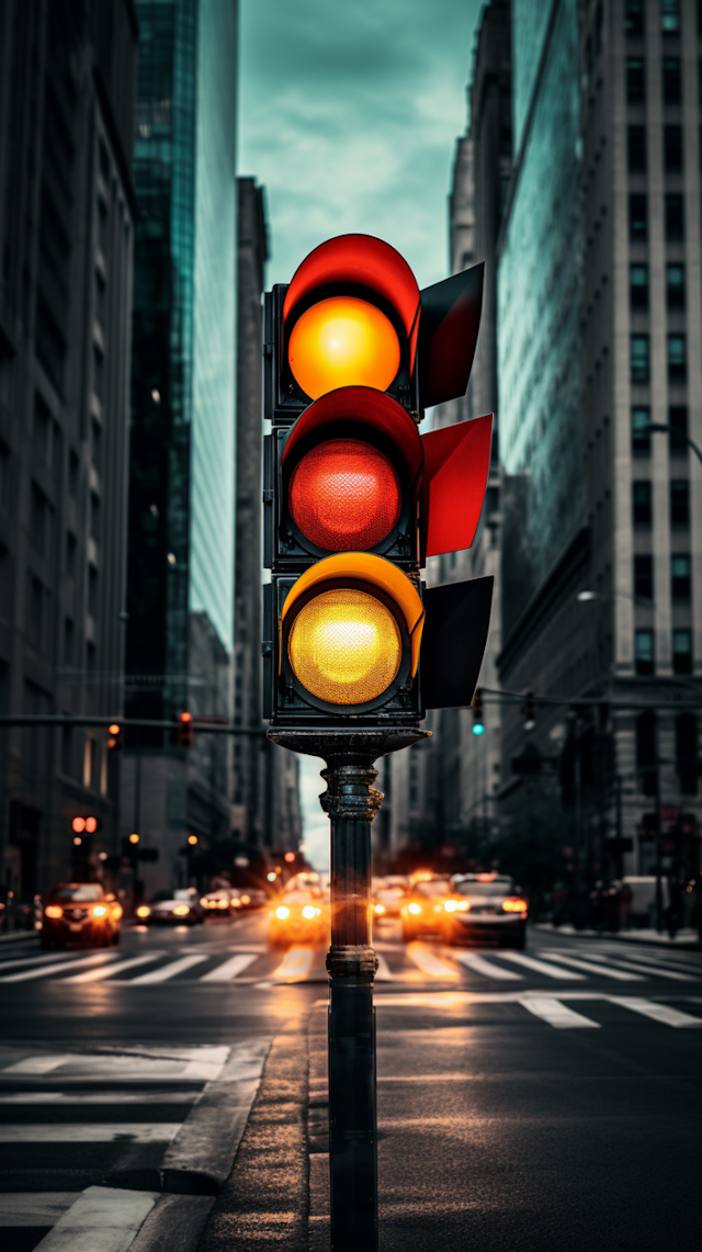 Illuminated Urban Traffic Signal at Twilight