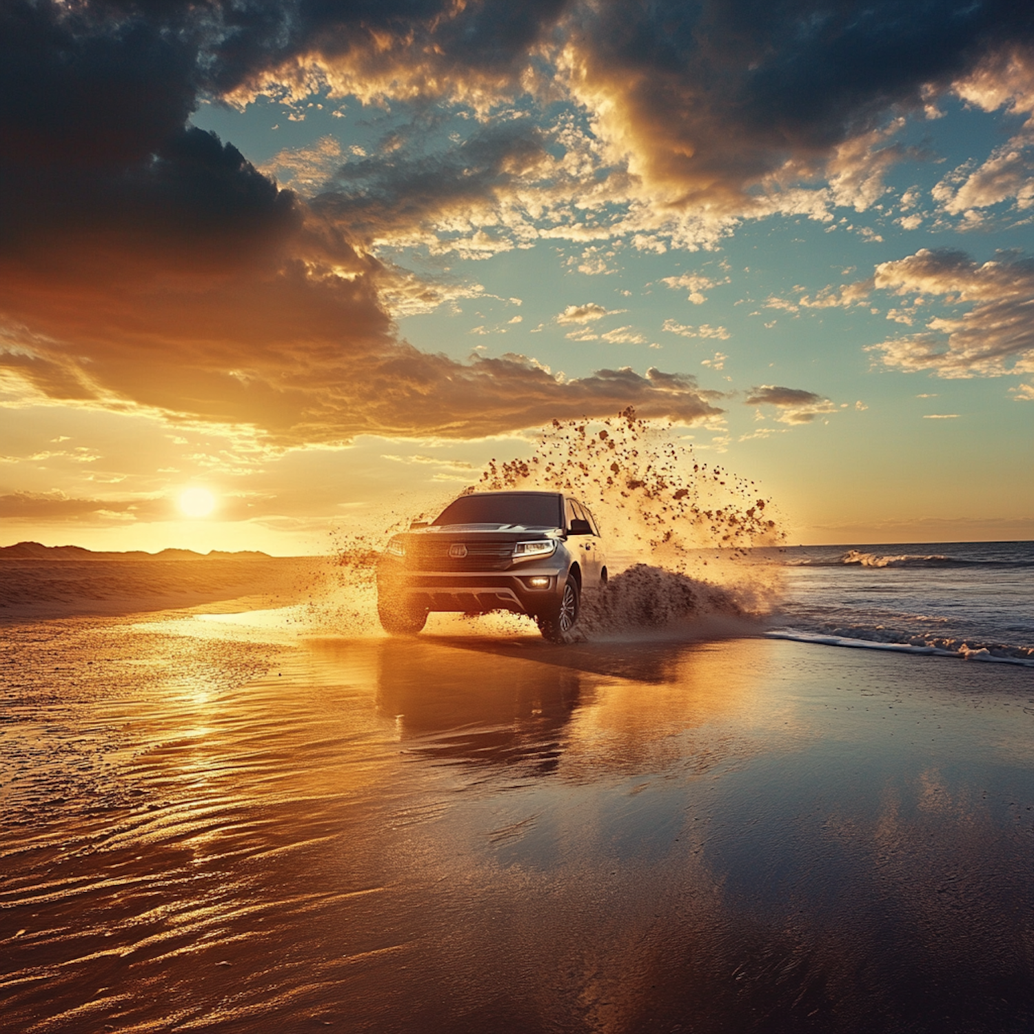 SUV Beach Adventure at Sunset