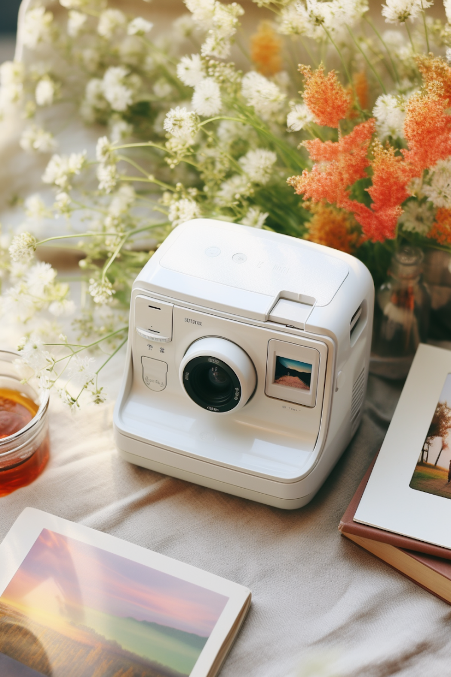 Modern Instant Film Camera with Floral Backdrop