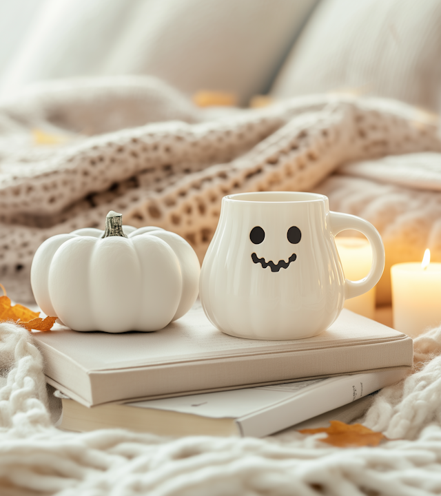 Cozy Autumnal Scene with Ghost Mug and Pumpkin