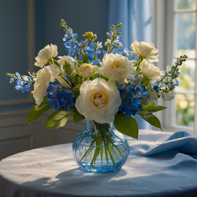 Floral Arrangement in Blue Vase