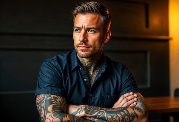 Contemplative Man with Tattoos