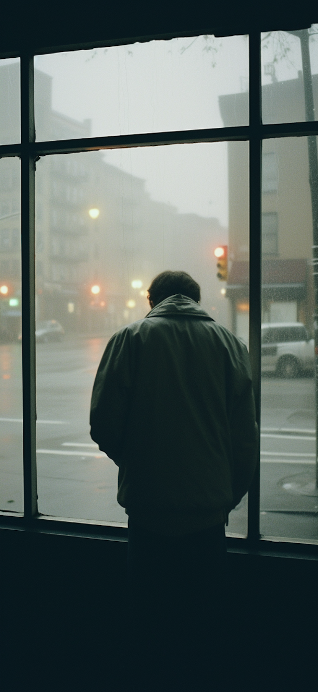 Contemplative Silhouette Against Misty Cityscape