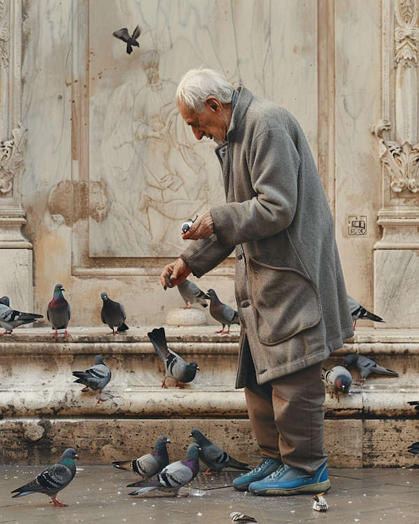 Elderly Man Feeding Pigeons by Historic Building