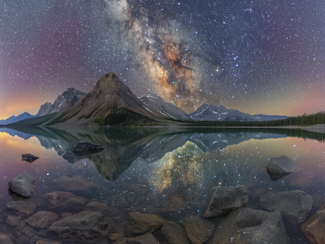 Starry Night Sky Over Mountain Lake