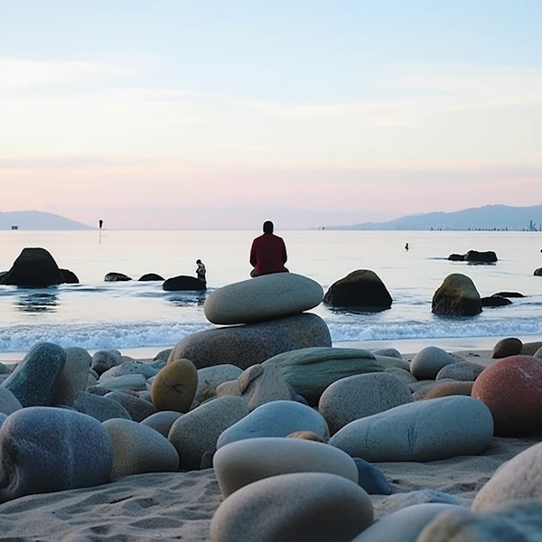 Contemplative Dawn on the Pebbled Shore