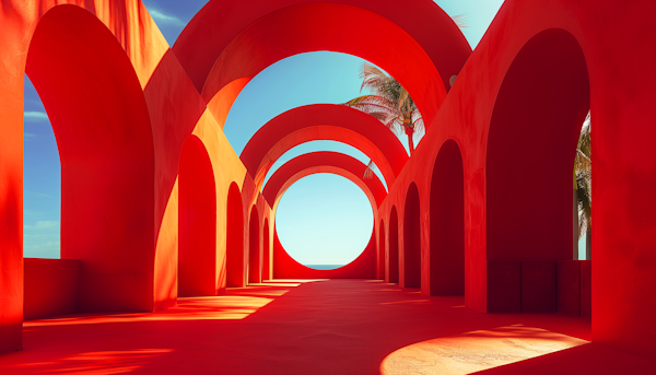 Vibrant Architectural Corridor with Red Arches