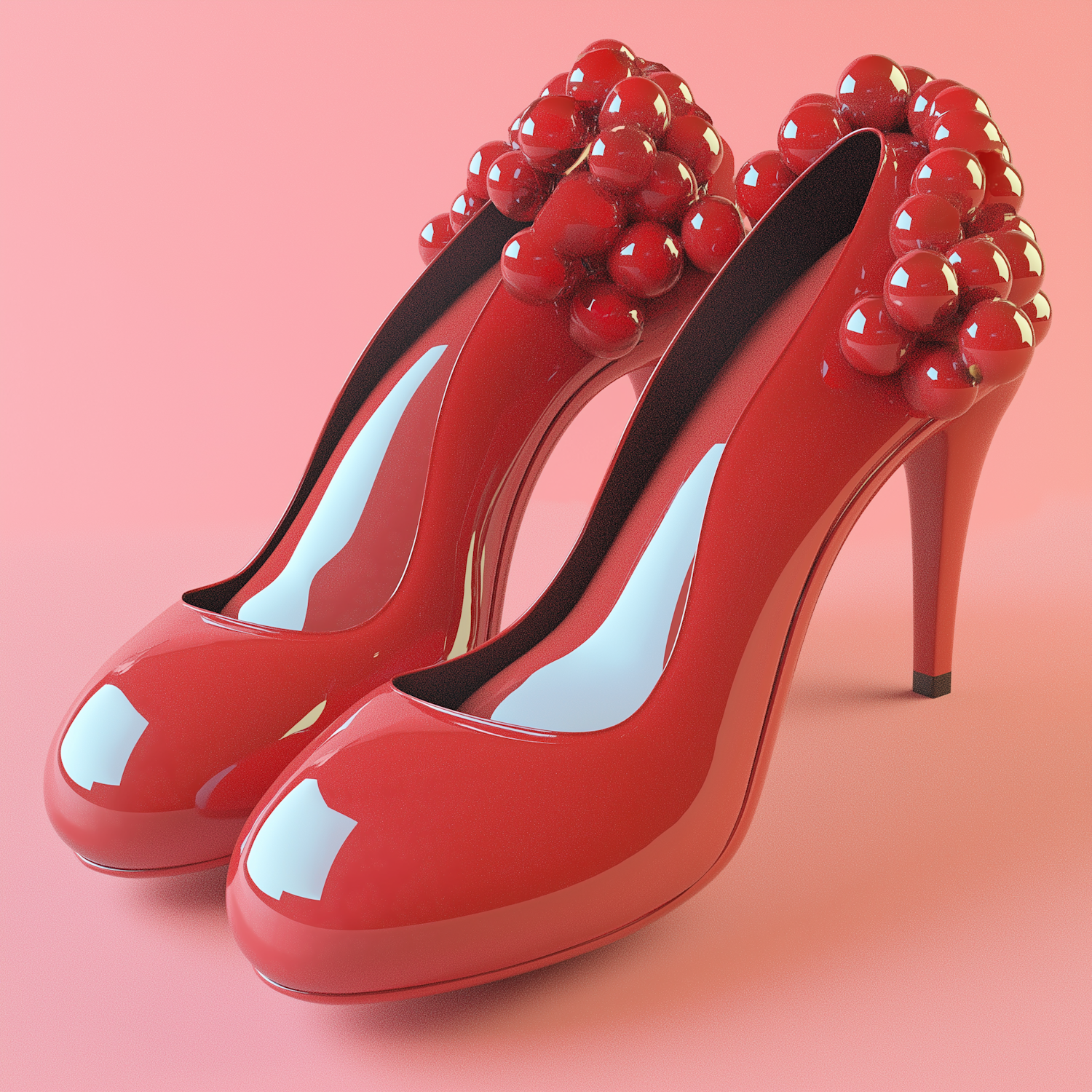 Glossy Red High-Heeled Shoes with Beaded Design