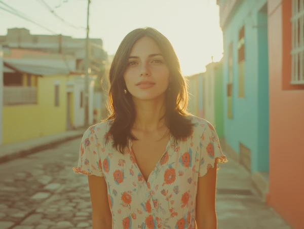 Sunlit Street with Young Woman