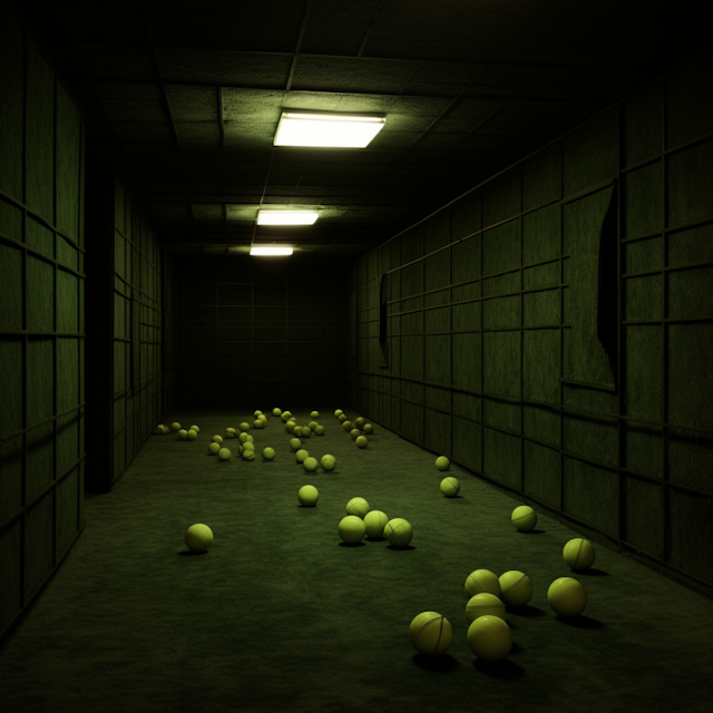 Eerie Acoustic Corridor with Scattered Tennis Balls