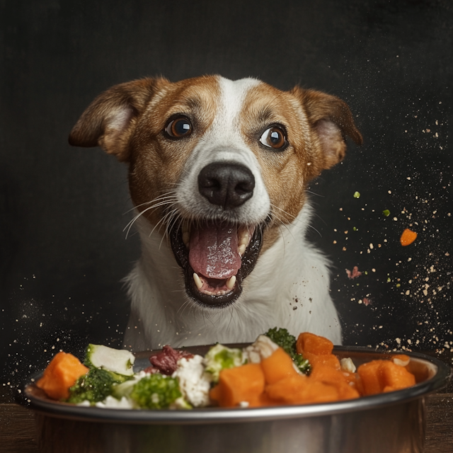 Joyful Dog with Colorful Food