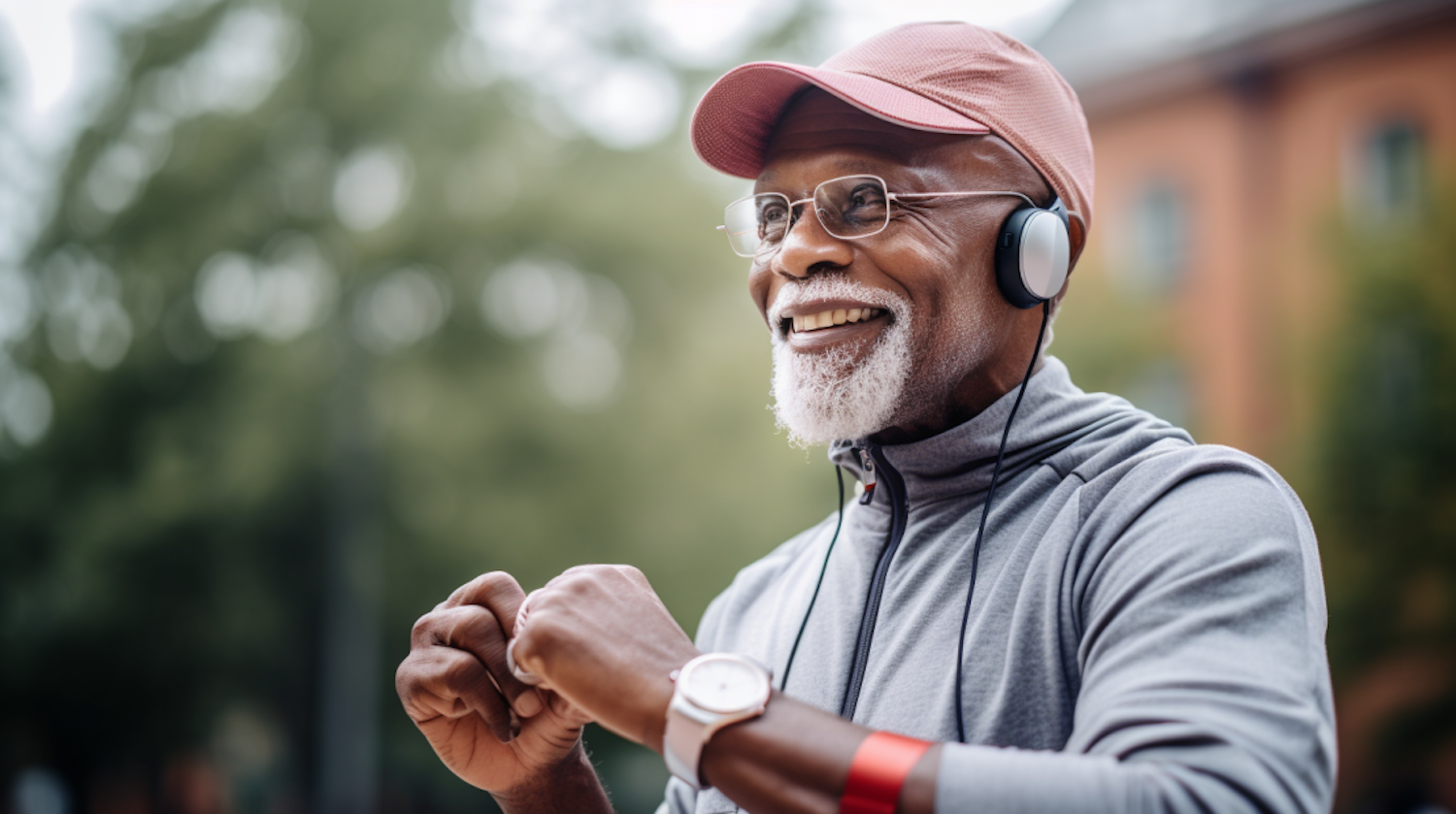 Joyful Senior with Fitness Tracker and Headphones