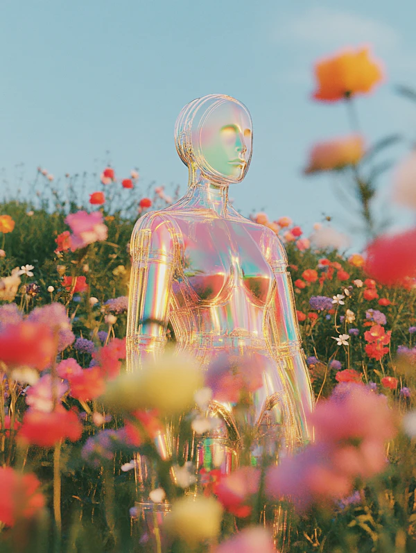 Iridescent Figure in Wildflower Field