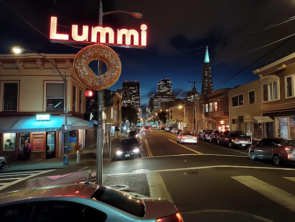 Urban Night Scene with Neon Sign