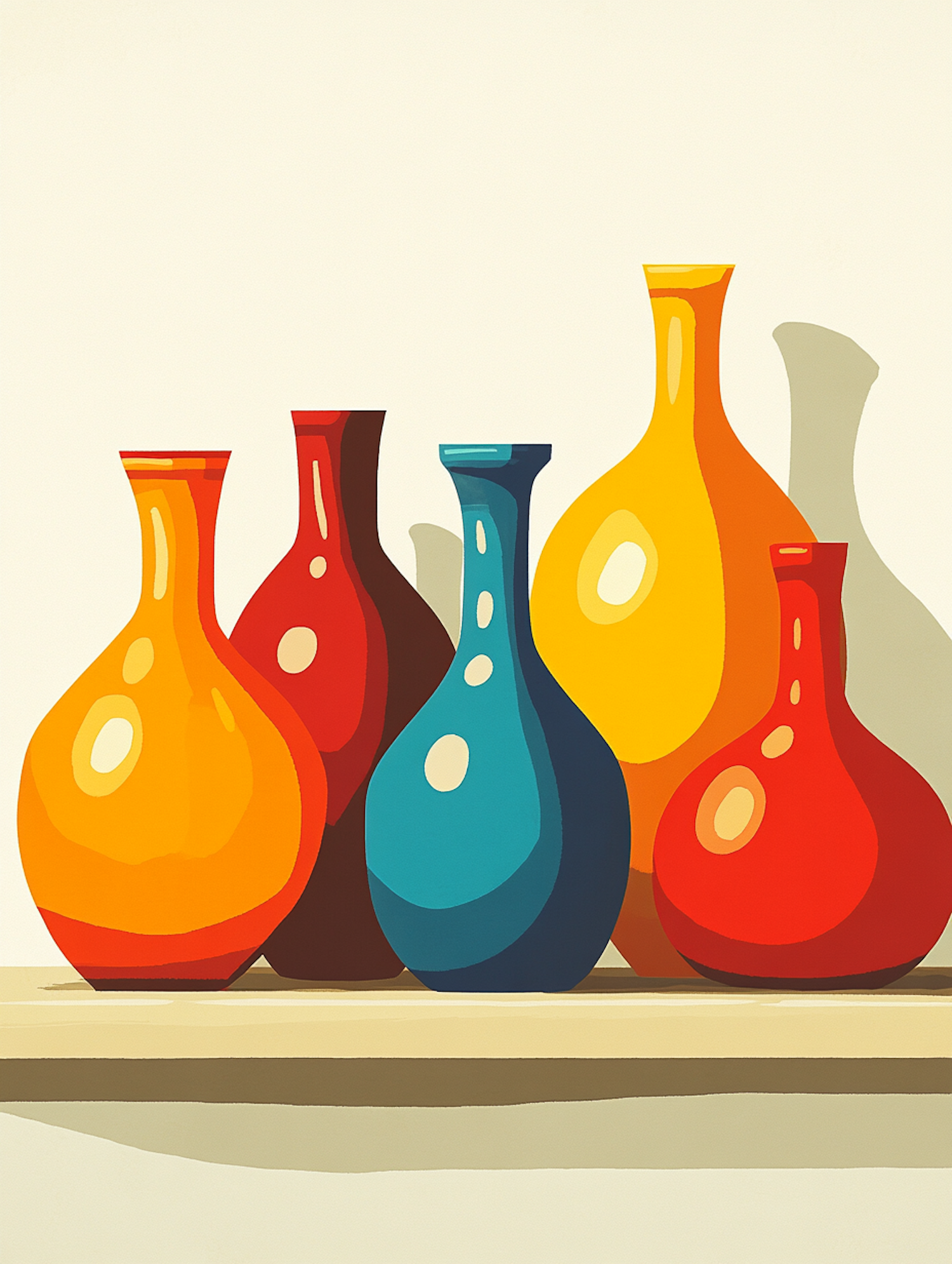 Colorful Vases on Shelf