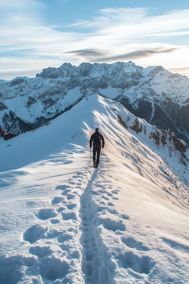 Lone Hiker on Snowy Mountain Ridge