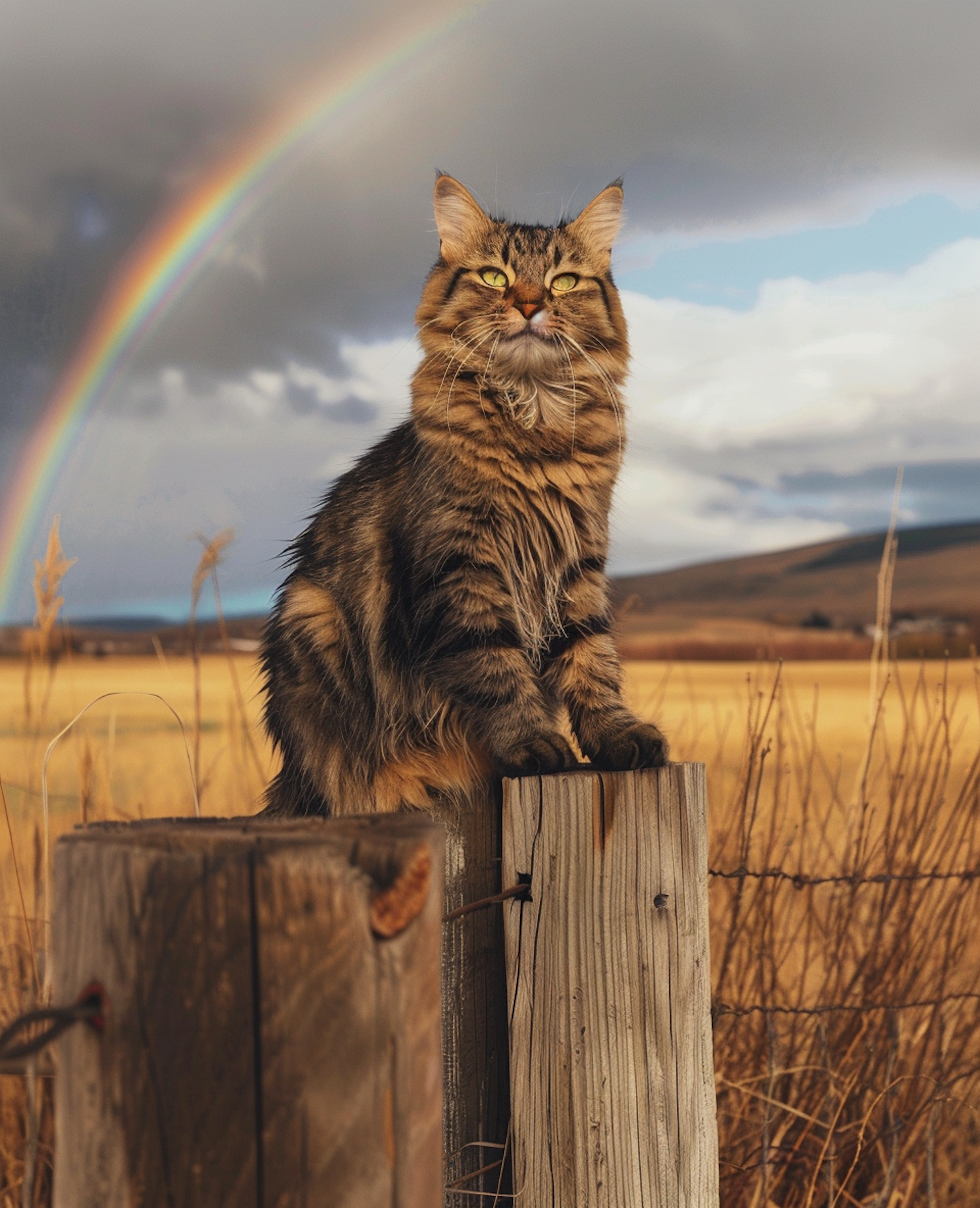 Regal Long-Haired Tabby Cat with Rainbow