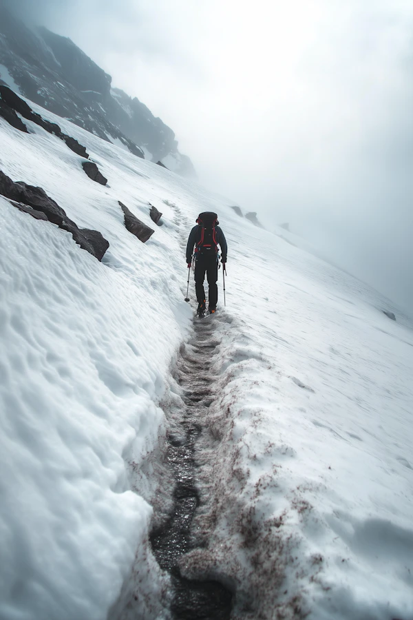 Lone Hiker in Wintry Landscape
