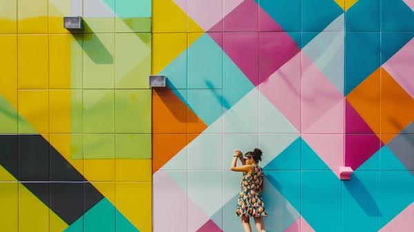 Curious Woman with Colorful Geometric Wall