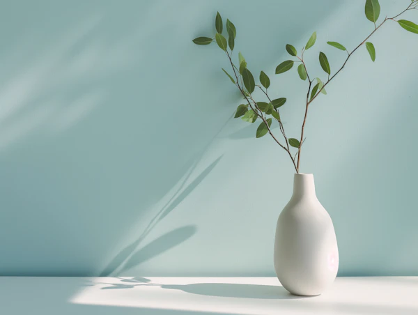 Elegant White Vase with Sprouting Green Leaves
