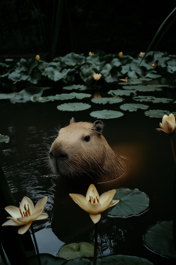 Capybara Amidst Water Lilies