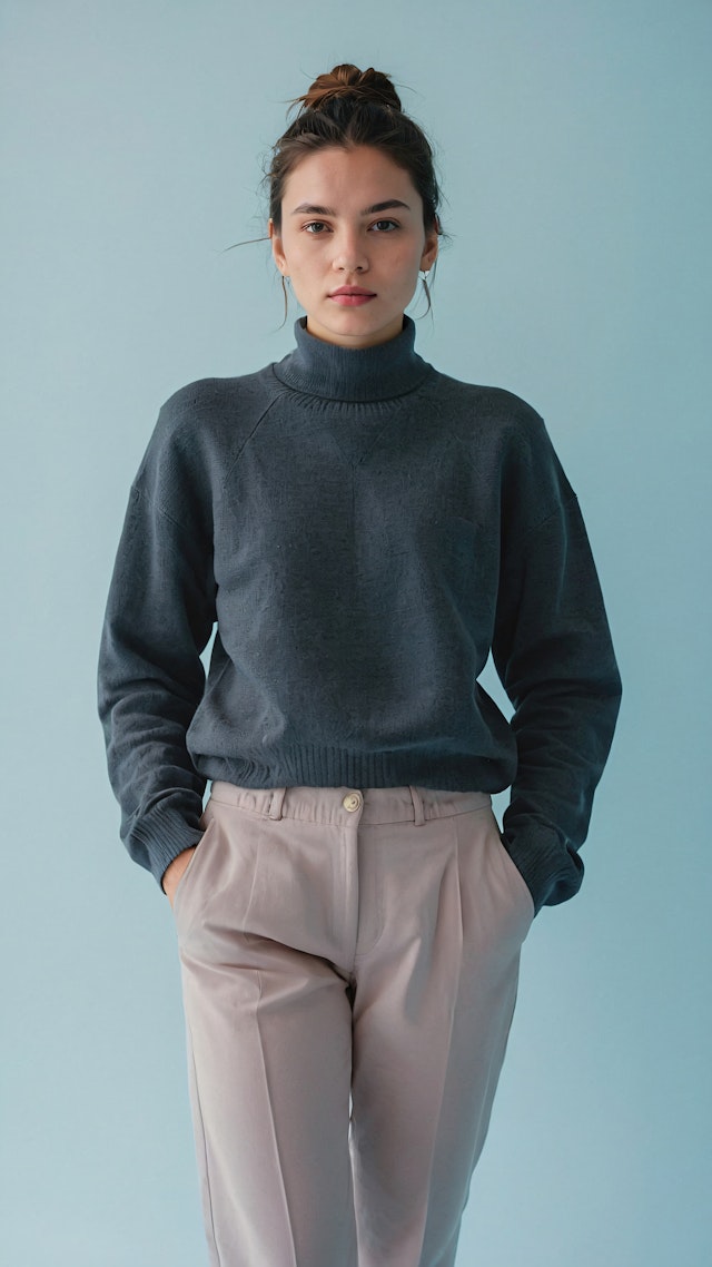 Person in Turtleneck Against Blue Background